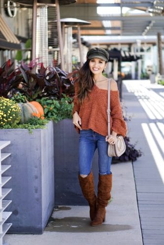 bell sleeve sweaters, bell sleeve tops, sweaters under $100, Thanksgiving outfit, suede cap, news boy cap, Chloe dupe, sugar fix, evereve, orange sweater, rust sweater, thanksgiving sweater, fall sweater, tall suede boots