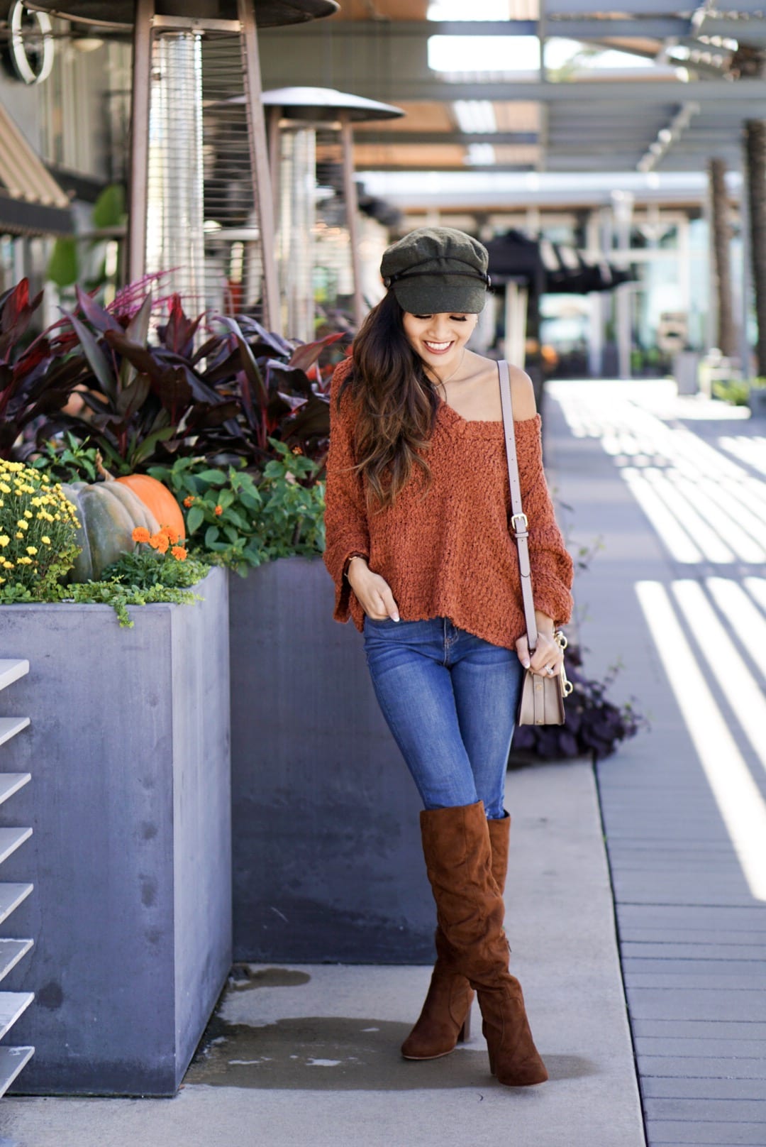 bell sleeve sweaters, bell sleeve tops, sweaters under $100, Thanksgiving outfit, suede cap, news boy cap, Chloe dupe, sugar fix, evereve, orange sweater, rust sweater, thanksgiving sweater, fall sweater, tall suede boots 