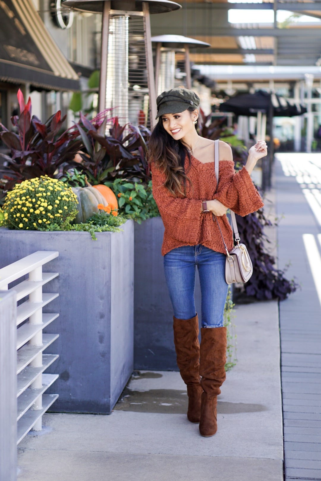 bell sleeve sweaters, bell sleeve tops, sweaters under $100, Thanksgiving outfit, suede cap, news boy cap, Chloe dupe, sugar fix, evereve, orange sweater, rust sweater, thanksgiving sweater, fall sweater, tall suede boots 