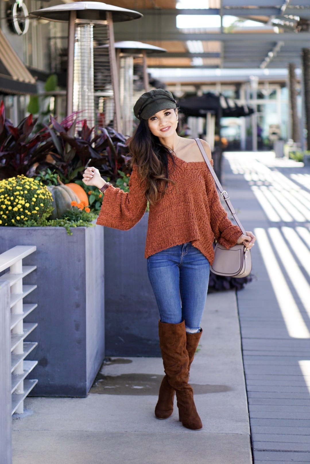 bell sleeve sweaters, bell sleeve tops, sweaters under $100, Thanksgiving outfit, suede cap, news boy cap, Chloe dupe, sugar fix, evereve, orange sweater, rust sweater, thanksgiving sweater, fall sweater, tall suede boots 