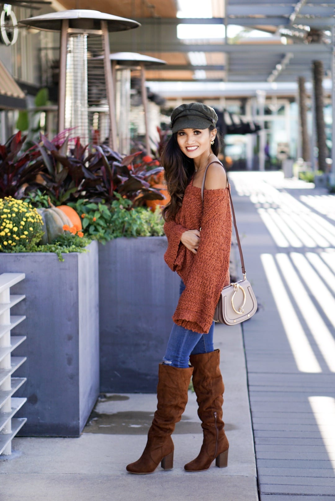 bell sleeve sweaters, bell sleeve tops, sweaters under $100, Thanksgiving outfit, suede cap, news boy cap, Chloe dupe, sugar fix, evereve, orange sweater, rust sweater, thanksgiving sweater, fall sweater, tall suede boots 