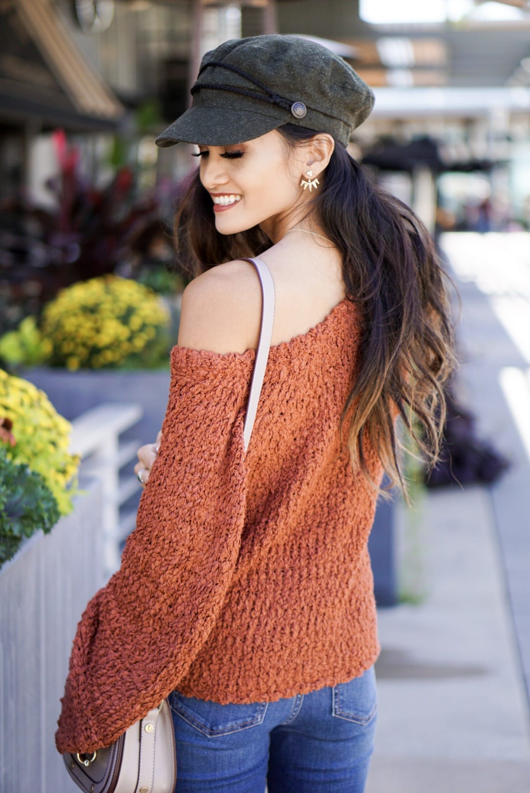 bell sleeve sweaters, bell sleeve tops, sweaters under $100, Thanksgiving outfit, suede cap, news boy cap, Chloe dupe, sugar fix, evereve, orange sweater, rust sweater, thanksgiving sweater, fall sweater, tall suede boots 