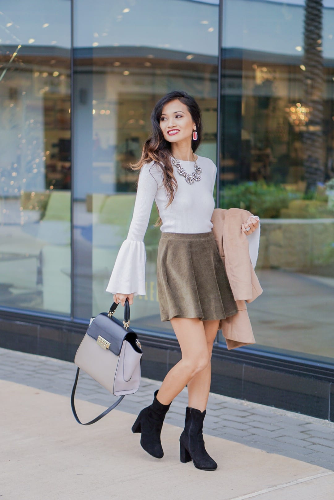 camel coat, corduroy skirt, black sock booties, winter outfit, white bell sleeve top, Zac Posen bag, red Kendra Scott earrings