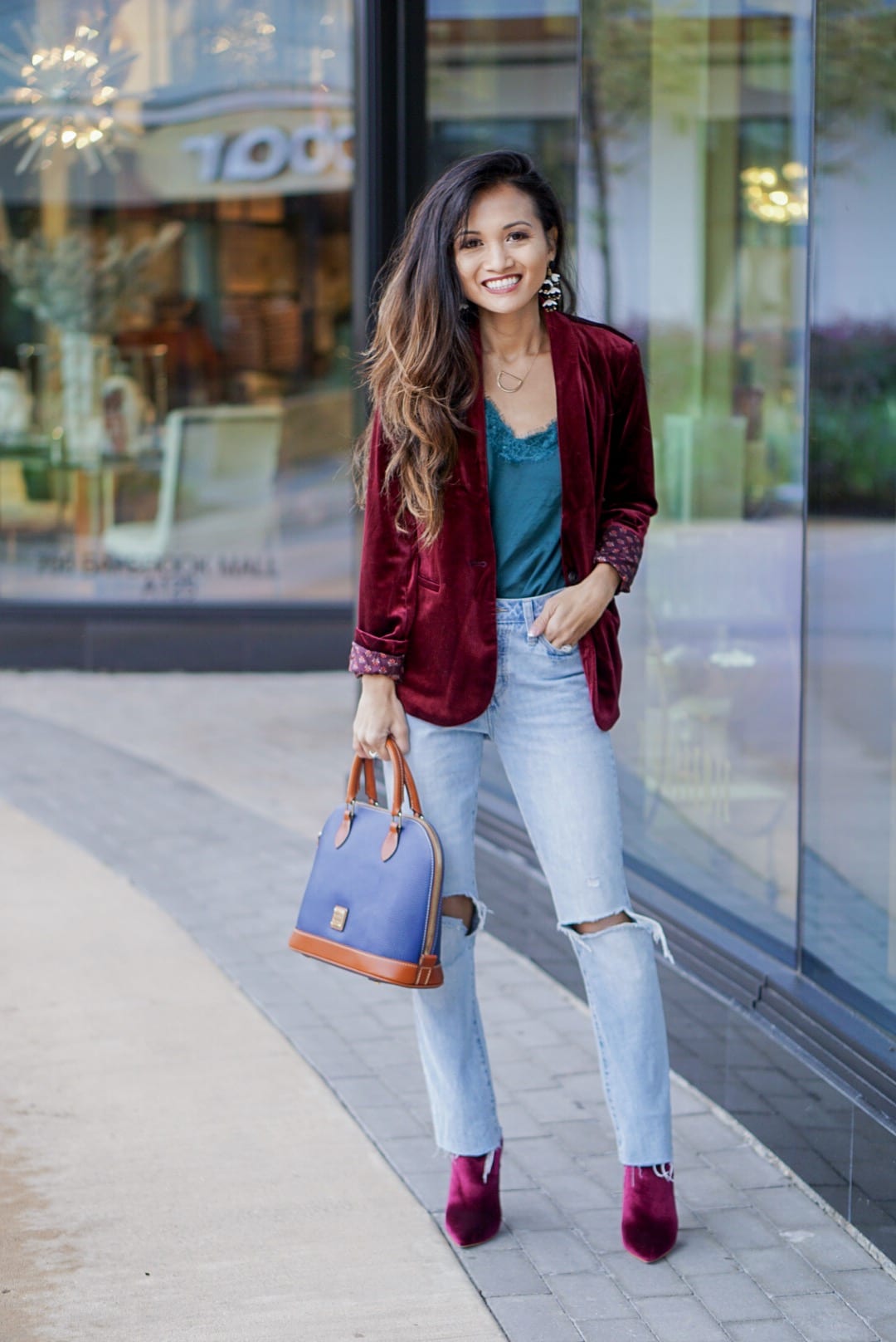 Dooney & Bourke Pebble Zip Zip Satchel, velvet blazer, old navy, zappos, doctor bag, satchel, mom jeans, high waisted straight jeans, high waisted crop jeans, velvet booties, Burgundy booties, Christmas outfit, holiday style, New Years outfit 