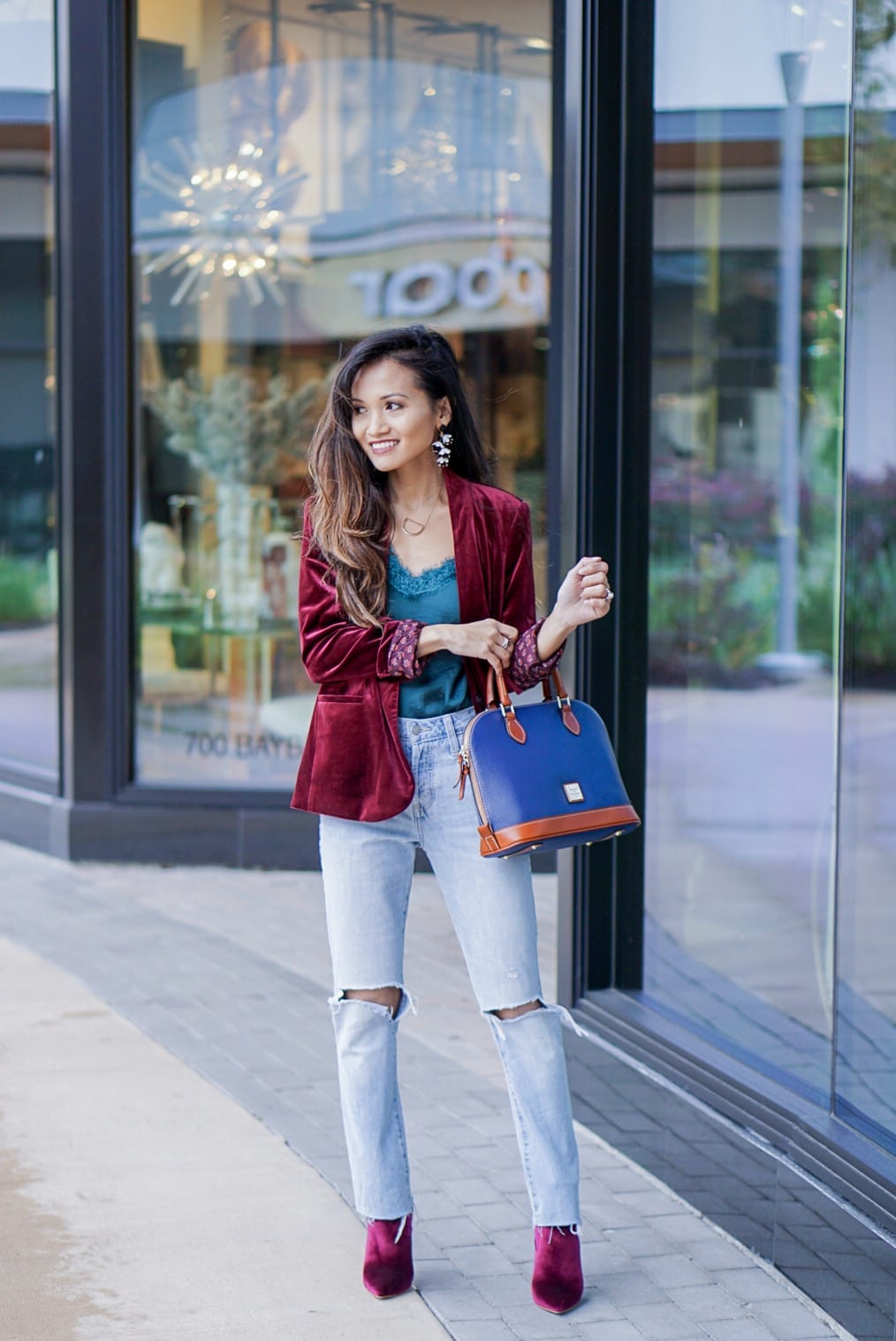 Dooney & Bourke Pebble Zip Zip Satchel, velvet blazer, old navy, zappos, doctor bag, satchel, mom jeans, high waisted straight jeans, high waisted crop jeans, velvet booties, Burgundy booties, Christmas outfit, holiday style, New Years outfit 