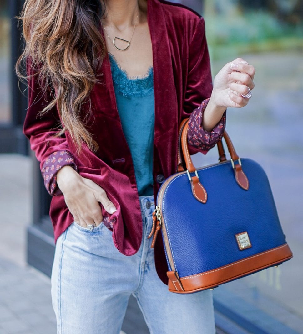 Dooney & Bourke Pebble Zip Zip Satchel, velvet blazer, old navy, zappos, doctor bag, satchel, mom jeans, high waisted straight jeans, high waisted crop jeans, velvet booties, Burgundy booties, Christmas outfit, holiday style, New Years outfit 