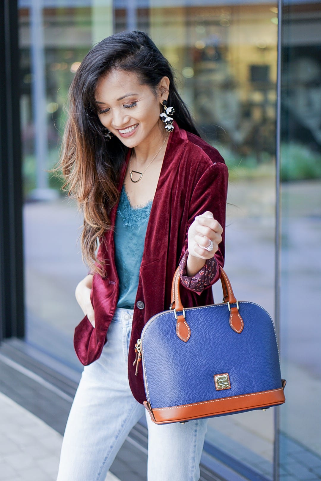 Dooney & Bourke Pebble Zip Zip Satchel, velvet blazer, old navy, zappos, doctor bag, satchel, mom jeans, high waisted straight jeans, high waisted crop jeans, velvet booties, Burgundy booties, Christmas outfit, holiday style, New Years outfit 