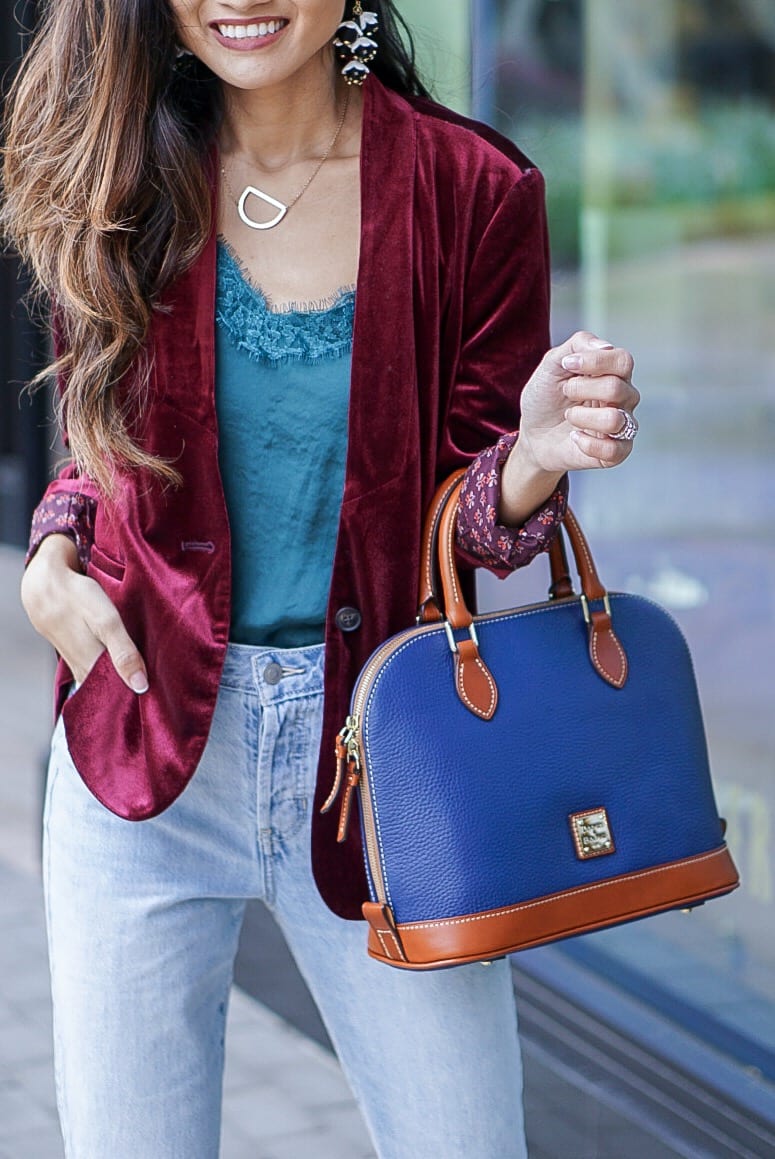 Dooney & Bourke Pebble Zip Zip Satchel, velvet blazer, old navy, zappos, doctor bag, satchel, mom jeans, high waisted straight jeans, high waisted crop jeans, velvet booties, Burgundy booties, Christmas outfit, holiday style, New Years outfit 