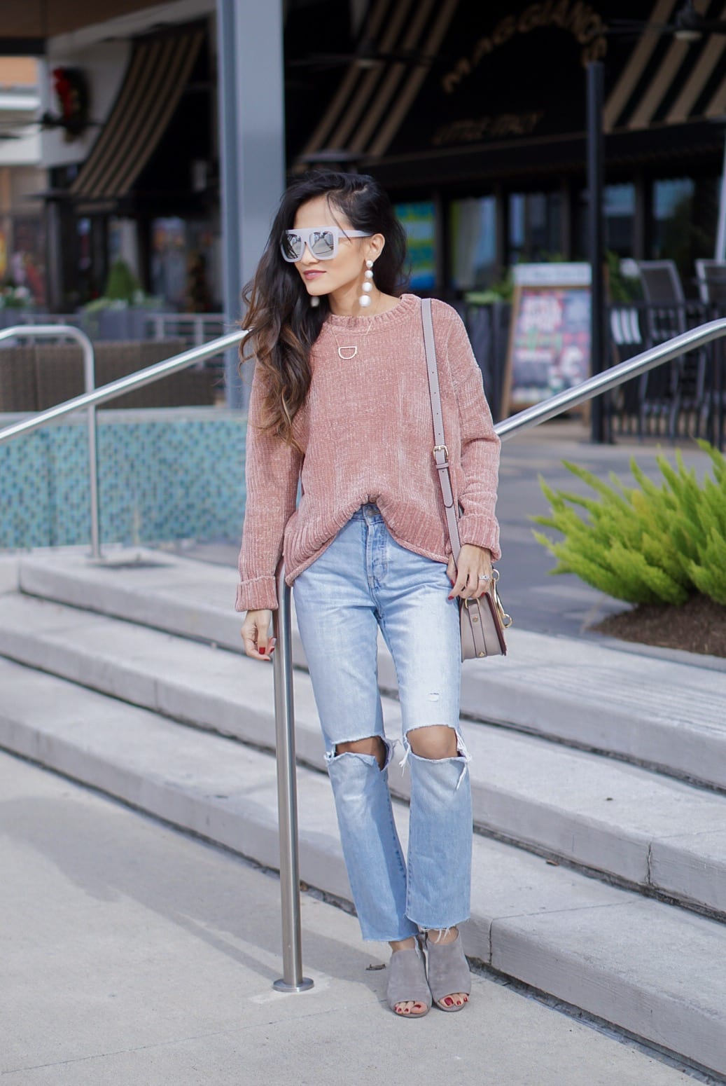 chenille sweater, pink chenille, cafe racer sunglasses, quay sunglasses, mom jeans, crop mom jeans, grey mule, grey slides, bauble ball earrings, Chloe dupe bag 