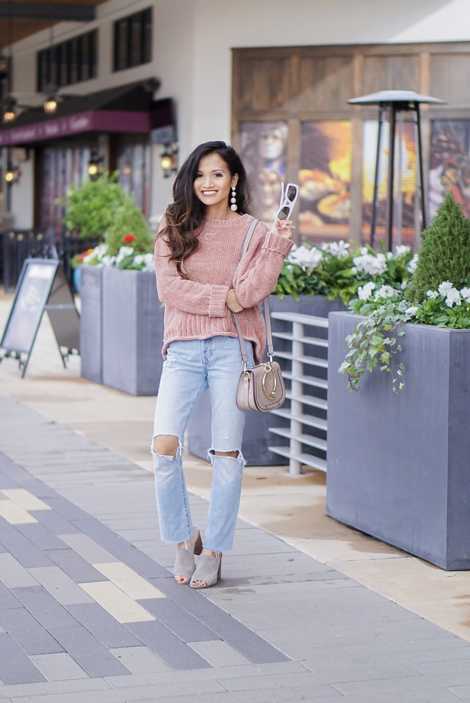 chenille sweater, pink chenille, cafe racer sunglasses, quay sunglasses, mom jeans, crop mom jeans, grey mule, grey slides, bauble ball earrings, Chloe dupe bag, initial necklace