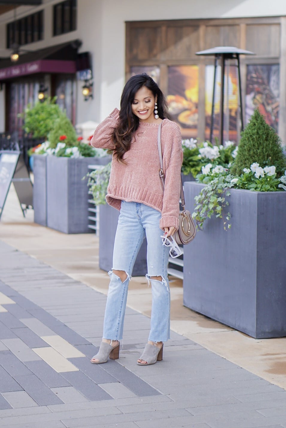 chenille sweater, pink chenille, cafe racer sunglasses, quay sunglasses, mom jeans, crop mom jeans, grey mule, grey slides, bauble ball earrings, Chloe dupe bag, initial necklace