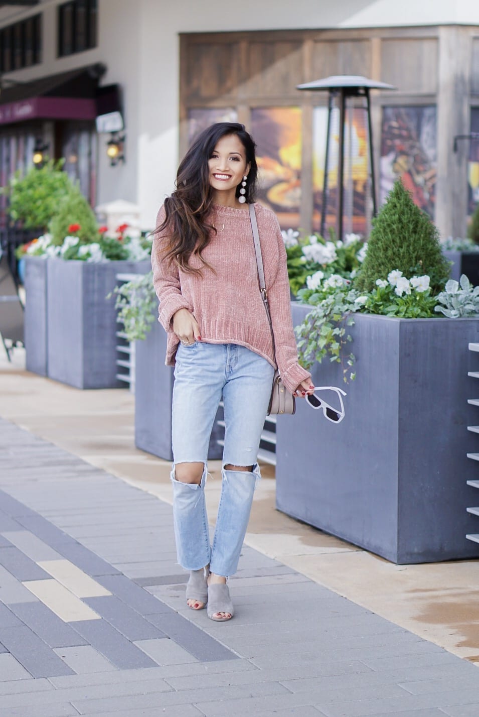 chenille sweater, pink chenille, cafe racer sunglasses, quay sunglasses, mom jeans, crop mom jeans, grey mule, grey slides, bauble ball earrings, Chloe dupe bag, initial necklace