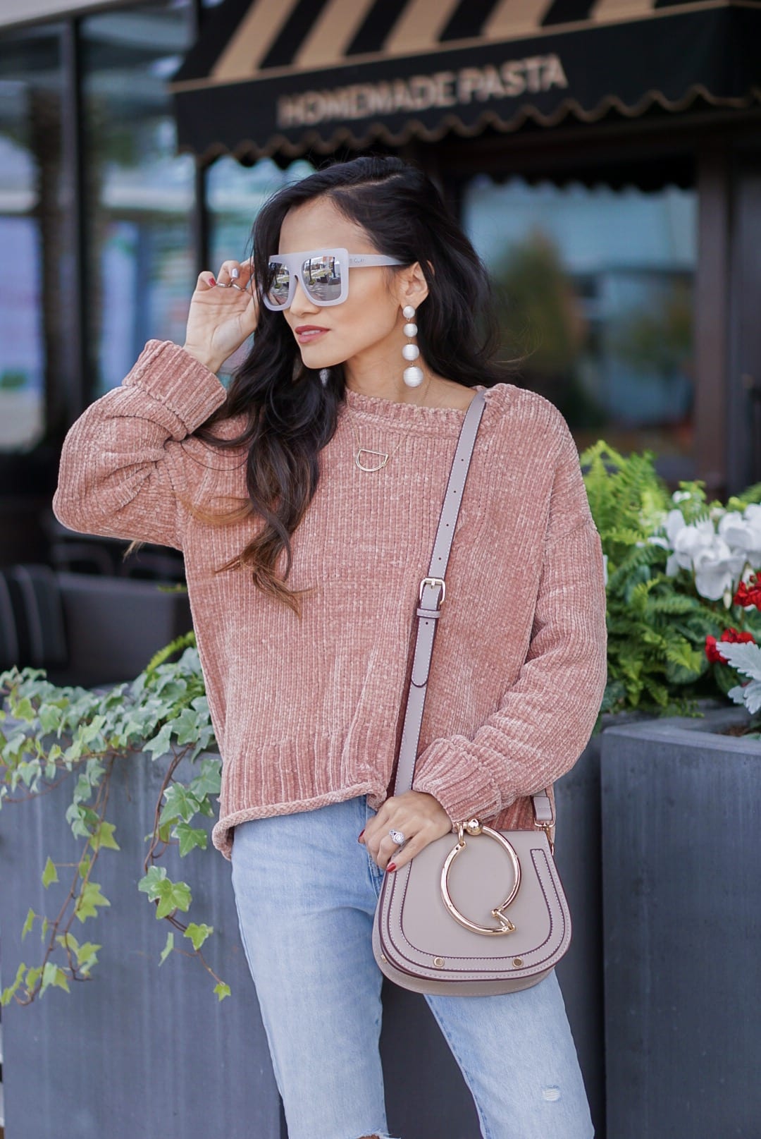 chenille sweater, pink chenille, cafe racer sunglasses, quay sunglasses, mom jeans, crop mom jeans, grey mule, grey slides, bauble ball earrings, Chloe dupe bag, initial necklace