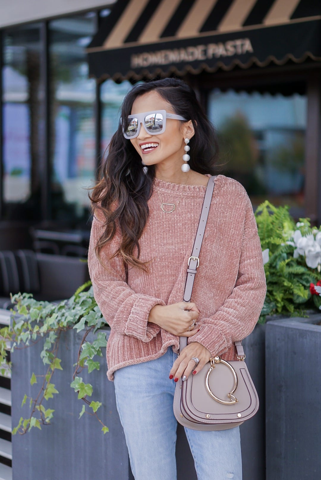 chenille sweater, pink chenille, cafe racer sunglasses, quay sunglasses, mom jeans, crop mom jeans, grey mule, grey slides, bauble ball earrings, Chloe dupe bag, initial necklace