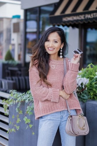 chenille sweater, pink chenille, cafe racer sunglasses, quay sunglasses, mom jeans, crop mom jeans, grey mule, grey slides, bauble ball earrings, Chloe dupe bag