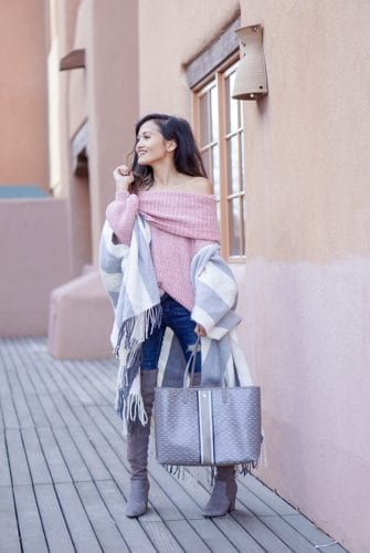 New Mexico travel guide, tory burch gemini tote, Santa Fe, New Mexico, Albuquerque, pink off the shoulder sweater, grey over the knee boots, Taos New Mexico, hotel Santa Fe