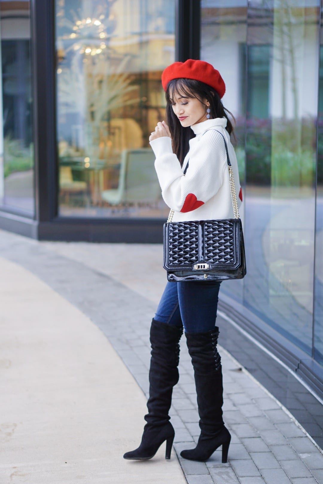 valentine outfit, heart on my sleeve, heart patch sweater, valentine sweater, over the knee boot, otk boot, red beret, love crossbody bag, love languages, 5 love languages