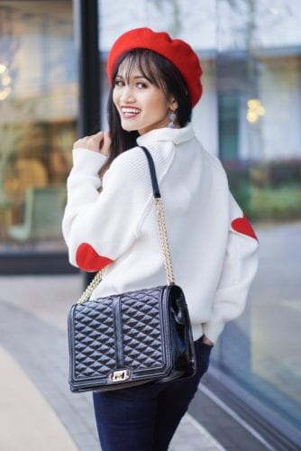valentine outfit, heart on my sleeve, heart patch sweater, valentine sweater, over the knee boot, otk boot, red beret, love crossbody bag, love languages, 5 love languages