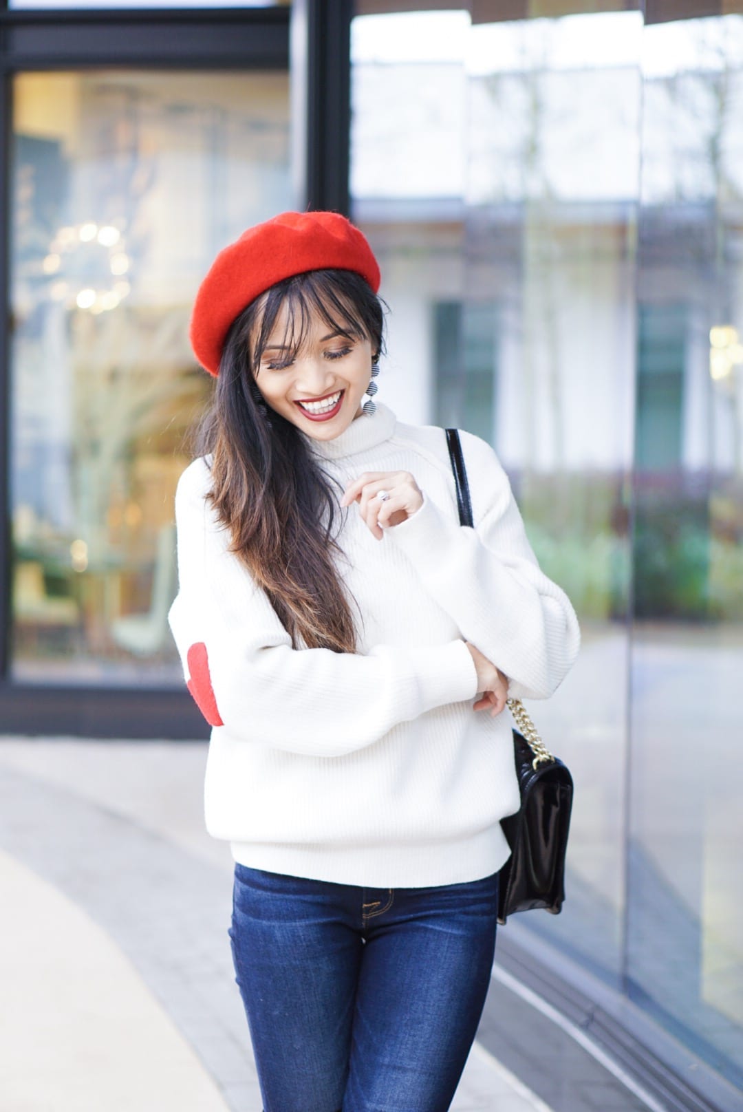 valentine outfit, heart on my sleeve, heart patch sweater, valentine sweater, over the knee boot, otk boot, red beret, love crossbody bag, love languages, 5 love languages