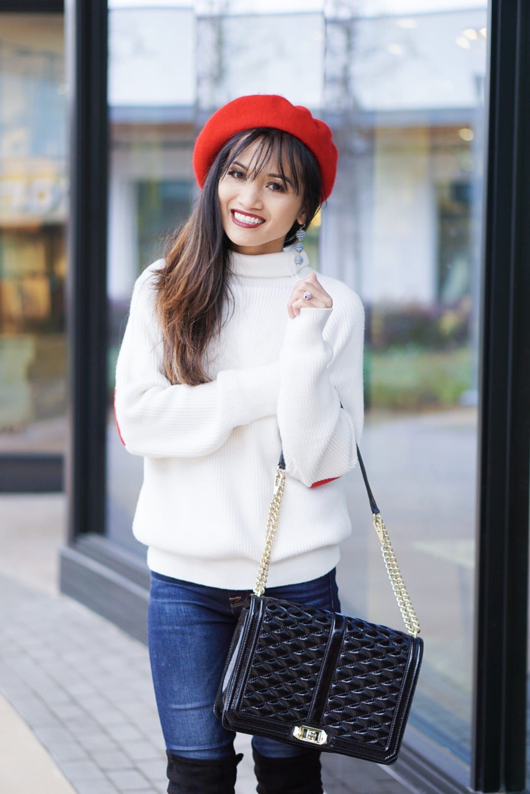 valentine outfit, heart on my sleeve, heart patch sweater, valentine sweater, over the knee boot, otk boot, red beret, love crossbody bag, love languages, 5 love languages