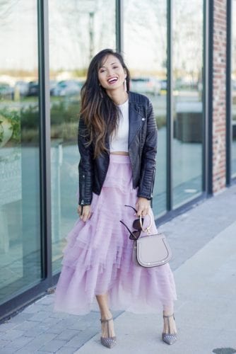 pink tulle skirt, toyshop moto jacket, black leather jacket, date night look, valentine's outfit, sex and the city style, Chloe bag, pink skirt, how to wear a tulle skirt, quay sunglasses, cafe racer