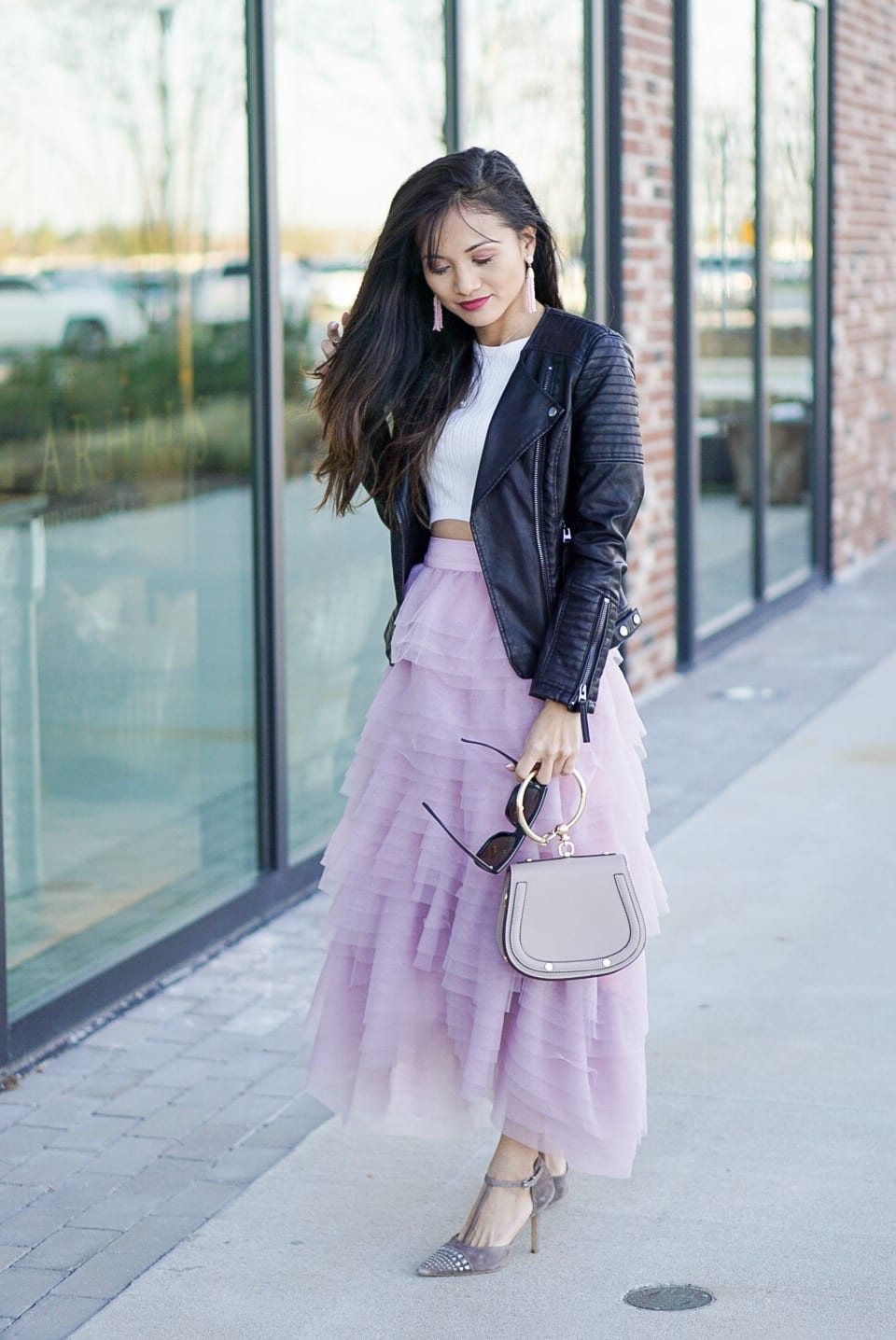 pink tulle skirt, toyshop moto jacket, black leather jacket, date night look, valentine's outfit, sex and the city style, Chloe bag, pink skirt, how to wear a tulle skirt, quay sunglasses, cafe racer