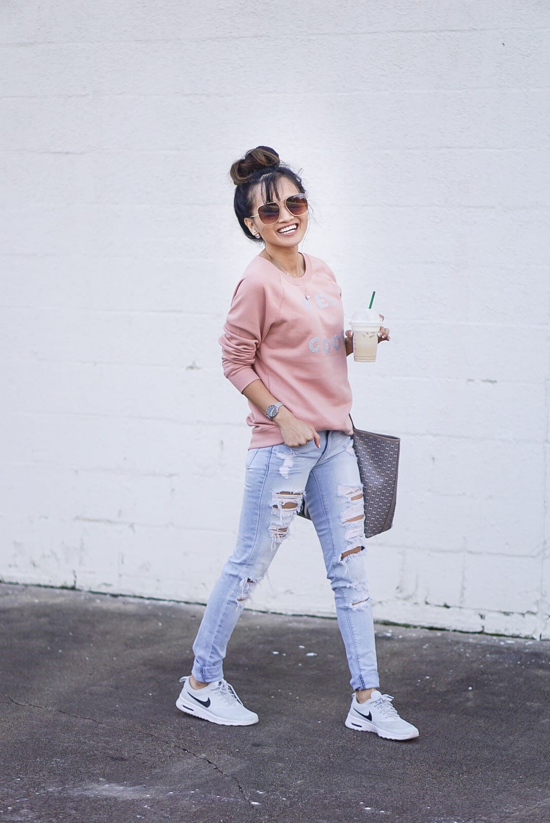 self care, self care quotes, love yourself, valentines outfit, old navy sweater, nike Thea max, ripped jeans, tory burch gemini tote, quay stop and stare sunglasses