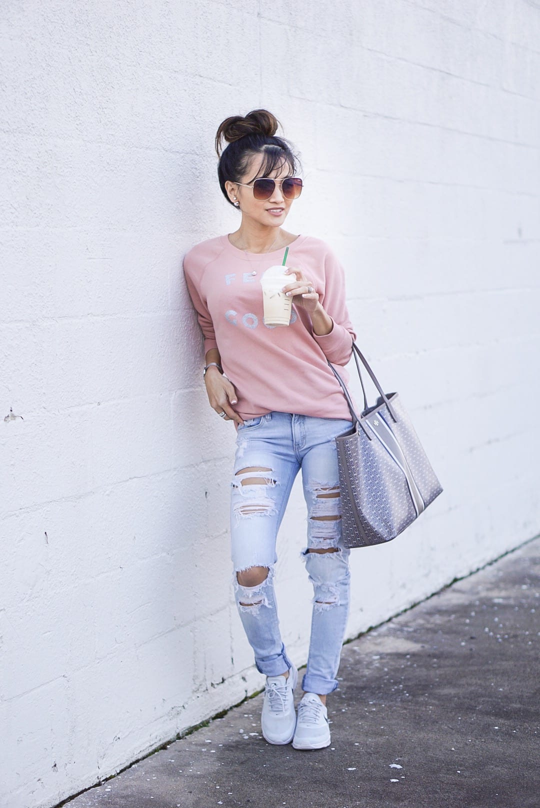 self care, self care quotes, love yourself, valentines outfit, old navy sweater, nike Thea max, ripped jeans, tory burch gemini tote, quay stop and stare sunglasses