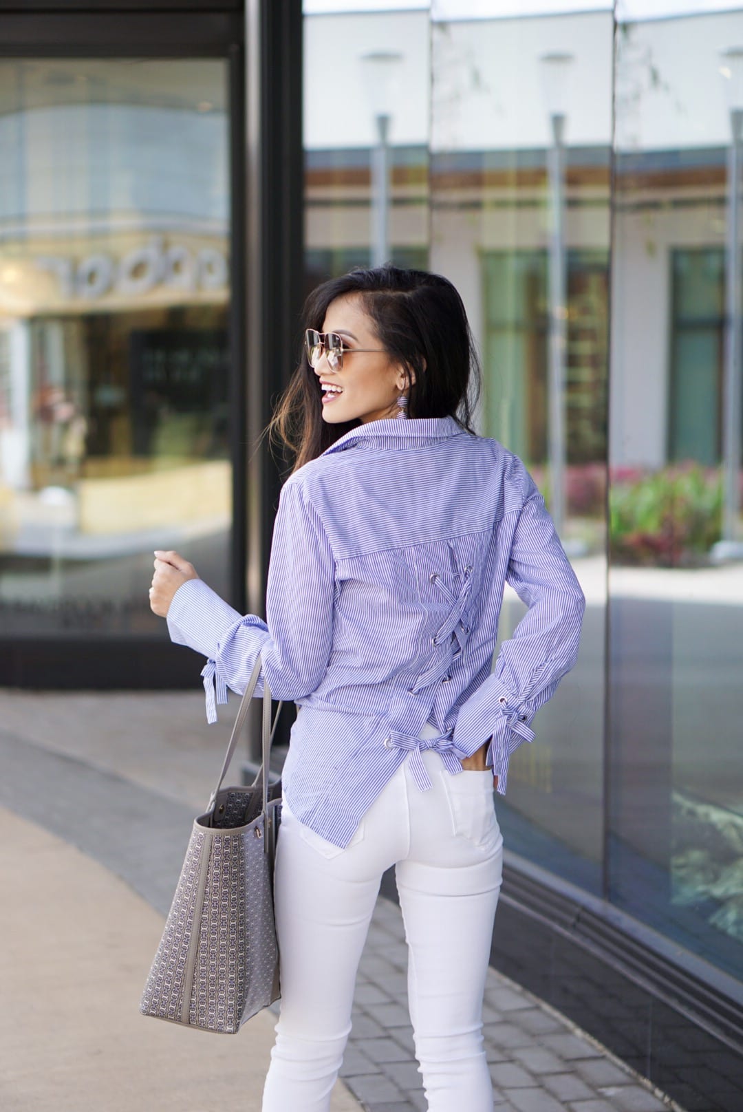 BLUE AND WHITE STRIPED BUTTON DOWN, WHITE PANTS, SPRING LOOK, SPRING STYLE, SANCTUARY TOP, MOM STYLE, MOM FASHION,JEFFREY CAMPBELL WEDGES,  Tory burch gemini link tote, bauble bar earrings, quay sunglasses