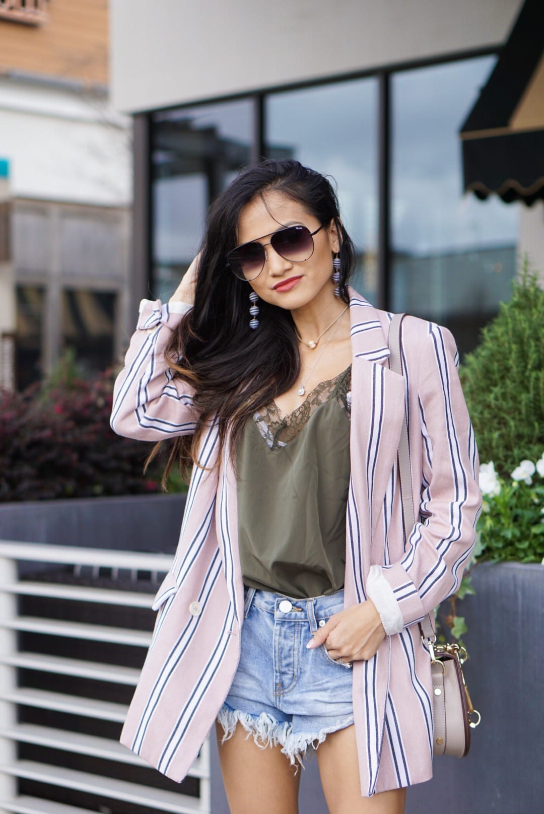 spring favorites, spring style, Uptown Girl Blazer, boyfriend blazer, free people blazer, cut off shorts, free people shorts, shop bop, revolve, quay sunglasses, Jeffrey Campbell Rodillo Wedge Sandals