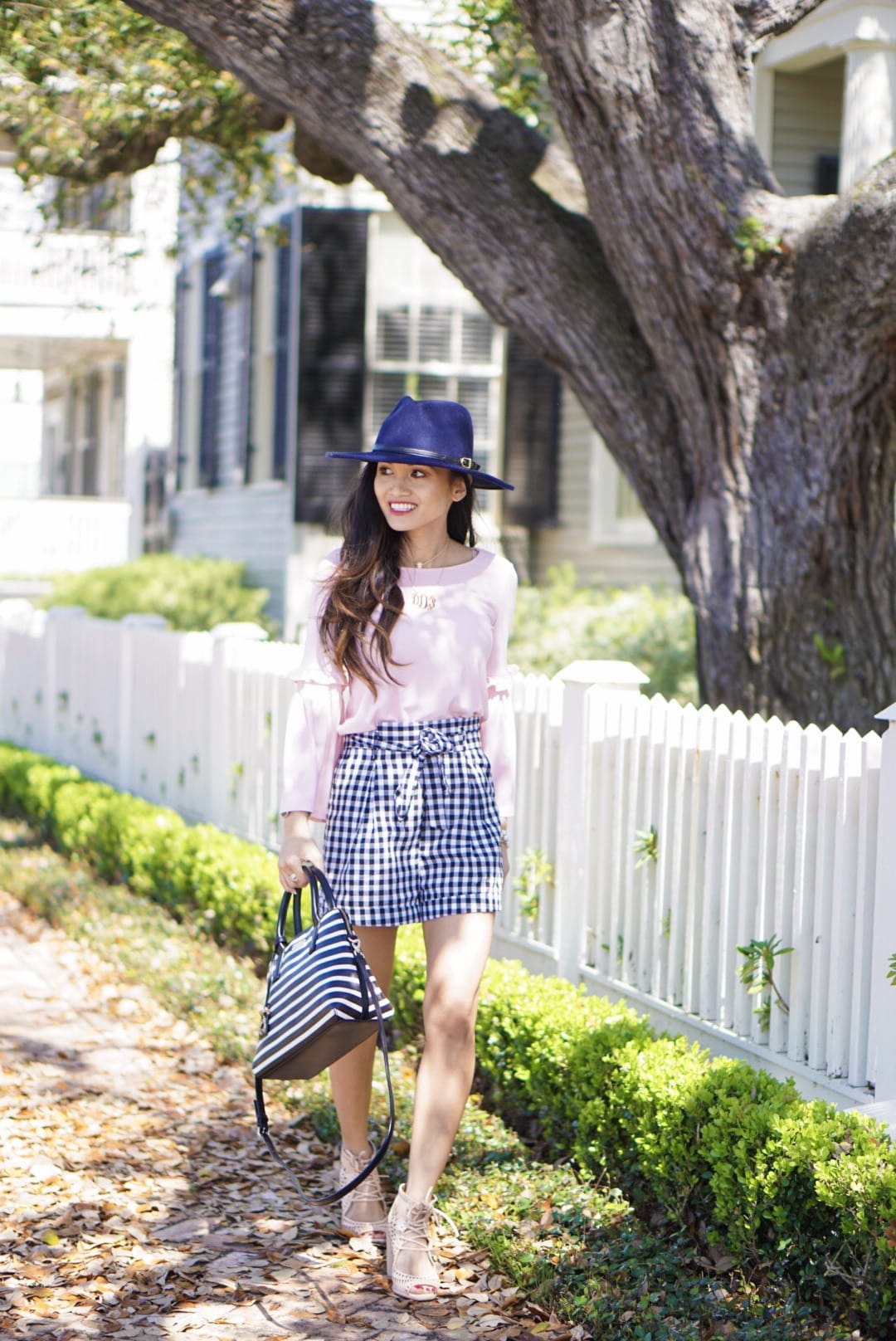 Black Gingham Shorts, red dress boutique, gingham, gingham shorts, spring style, gingham dresses, tie front shorts, bell sleeve top, navy felt hat, Jeffrey Campbell wedges, Kate spade bag 