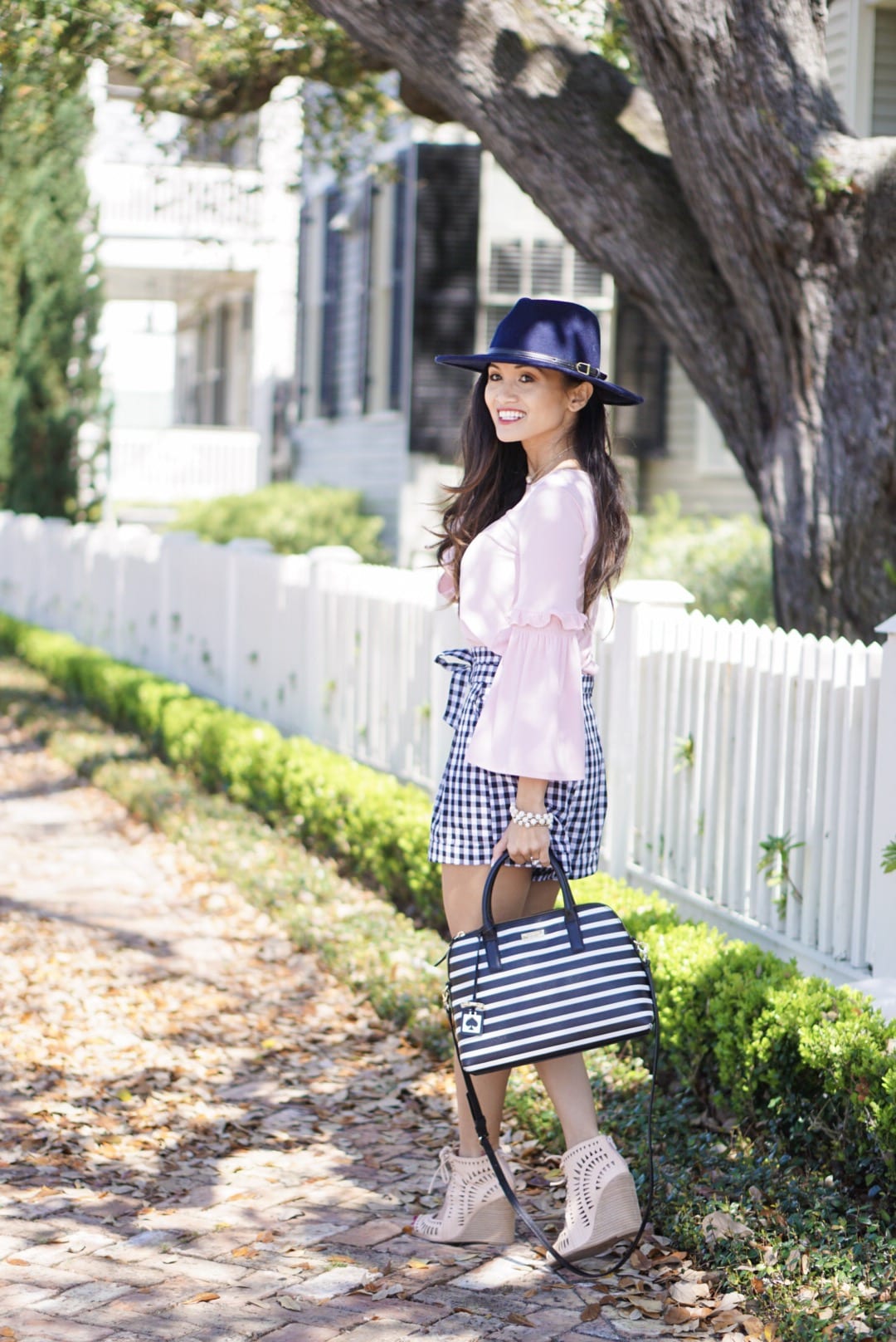 Black Gingham Shorts, red dress boutique, gingham, gingham shorts, spring style, gingham dresses, tie front shorts, bell sleeve top, navy felt hat, Jeffrey Campbell wedges, Kate spade bag 