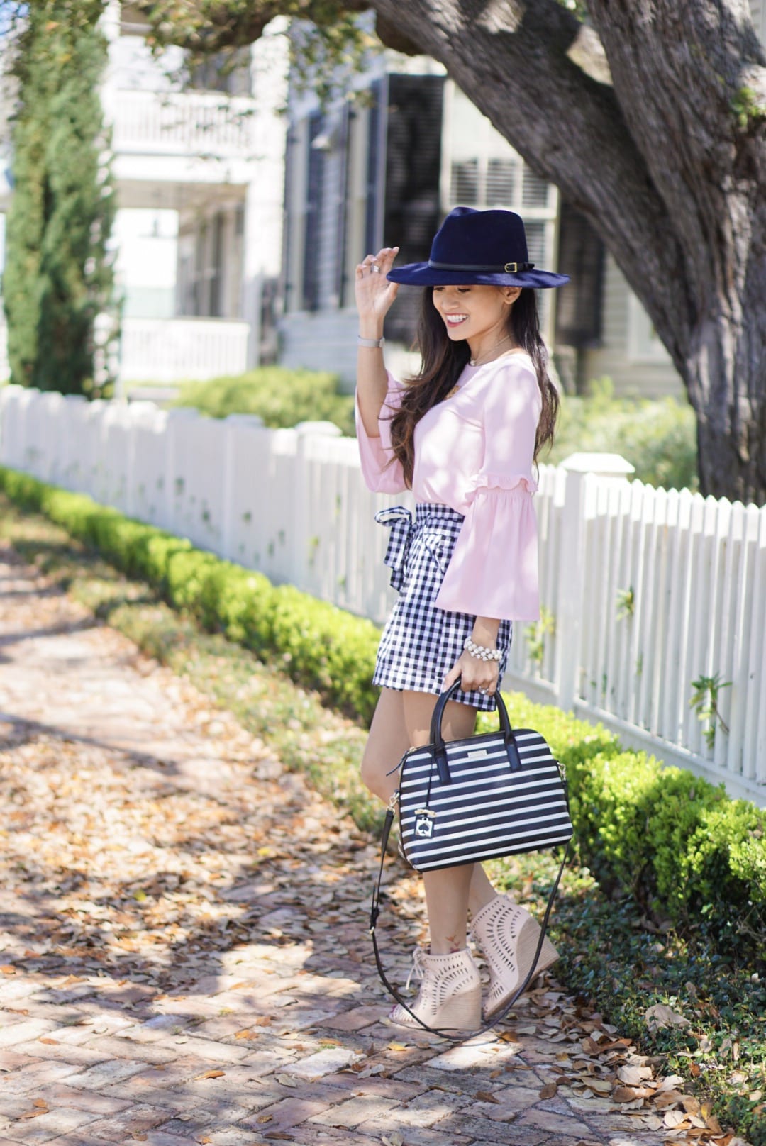 Black Gingham Shorts, red dress boutique, gingham, gingham shorts, spring style, gingham dresses, tie front shorts, bell sleeve top, navy felt hat, Jeffrey Campbell wedges, Kate spade bag 