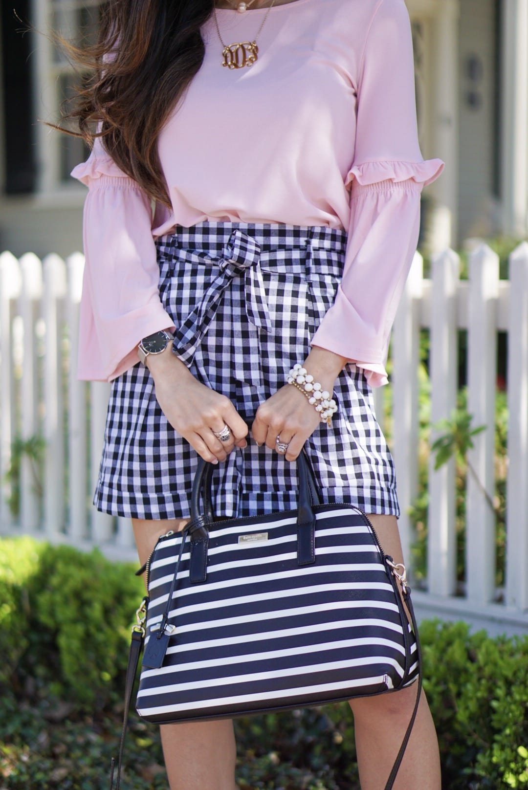 Black Gingham Shorts, red dress boutique, gingham, gingham shorts, spring style, gingham dresses, tie front shorts, bell sleeve top, navy felt hat, Jeffrey Campbell wedges, Kate spade bag 