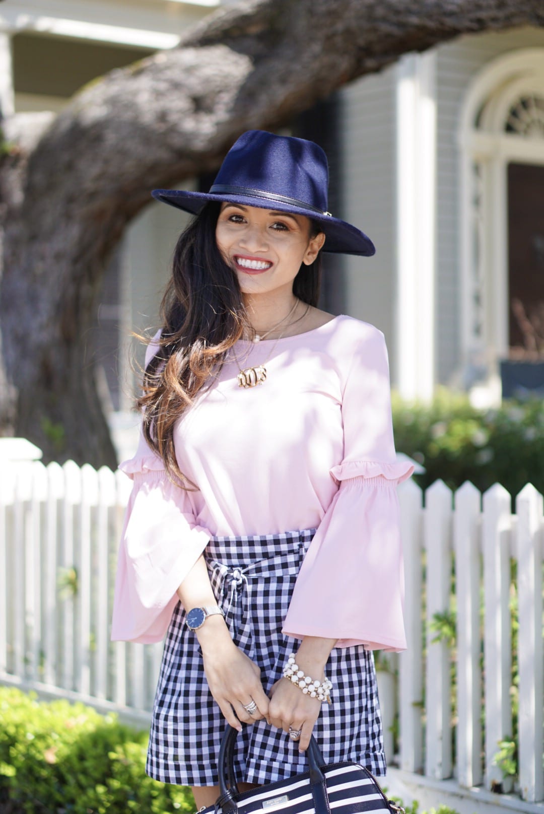 Black Gingham Shorts, red dress boutique, gingham, gingham shorts, spring style, gingham dresses, tie front shorts, bell sleeve top, navy felt hat, Jeffrey Campbell wedges, Kate spade bag 