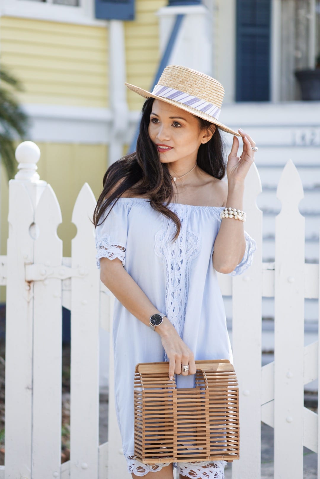 blue crochet dress, Francesca's, rodeo dress, rodeo outfit, spring break, spring break outfit, spring style, spring dress, bamboo bag, Jeffrey Campbell Rodillo Wedge Sandals, boat hat, straw hat, summer style, blue summer dress