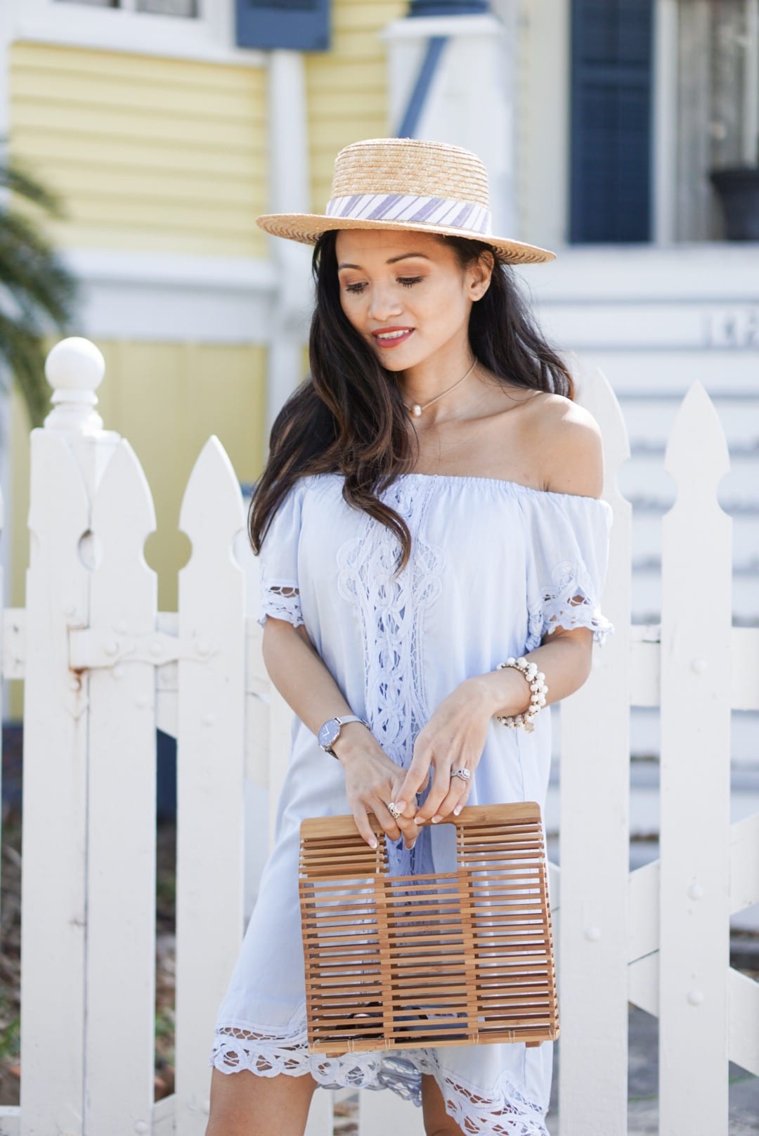 blue crochet dress, Francesca's, rodeo dress, rodeo outfit, spring break, spring break outfit, spring style, spring dress, bamboo bag, Jeffrey Campbell Rodillo Wedge Sandals, boat hat, straw hat, summer style, blue summer dress