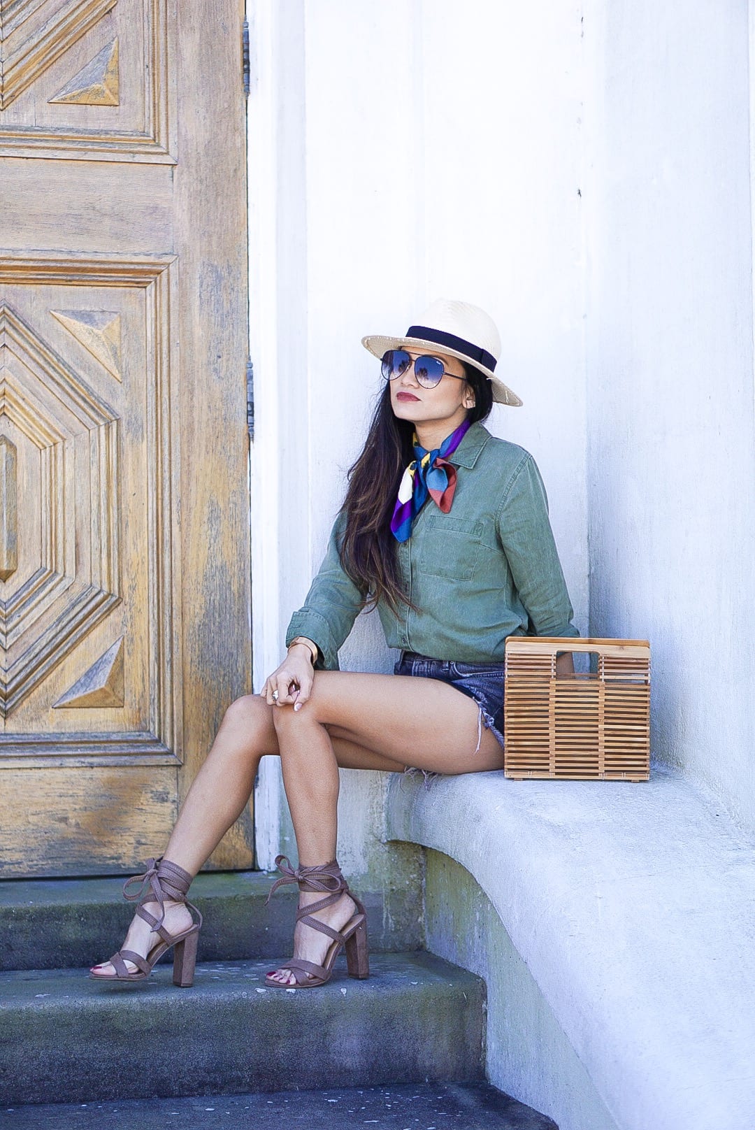 old navy, utility shirt. free people good vibrations shorts, block wrap heels, bandana, straw fedora, wardrobe essentials, closet must haves 