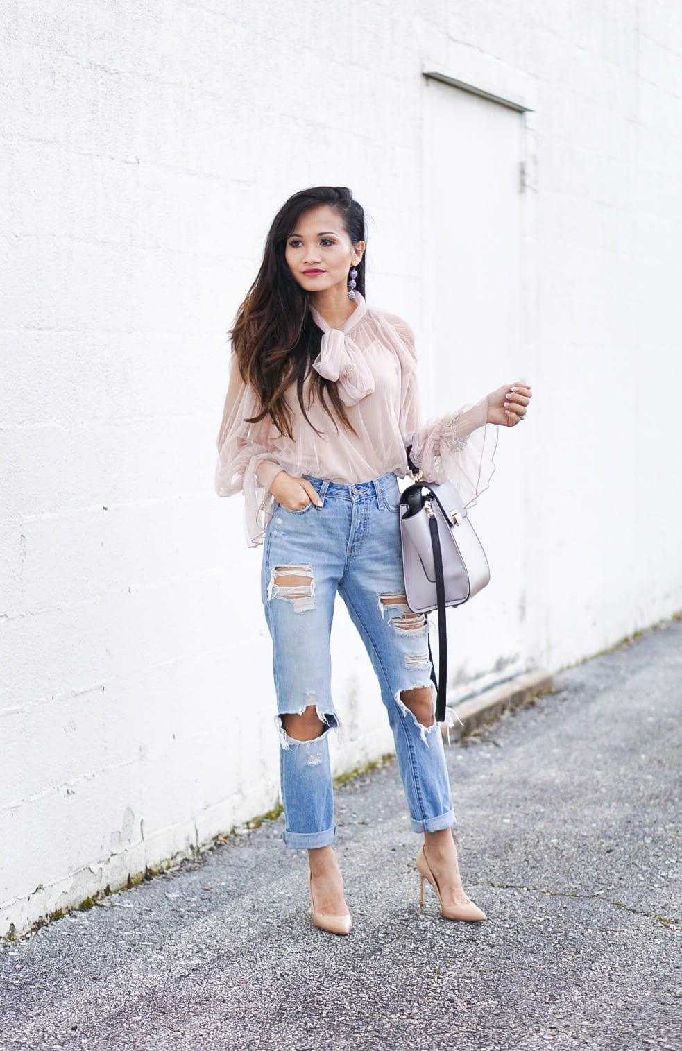 mesh bow top, ripped jeans, Zac Zac Posen bag, distressed jeans, Manolo blanik, nude heels, nude pumps 