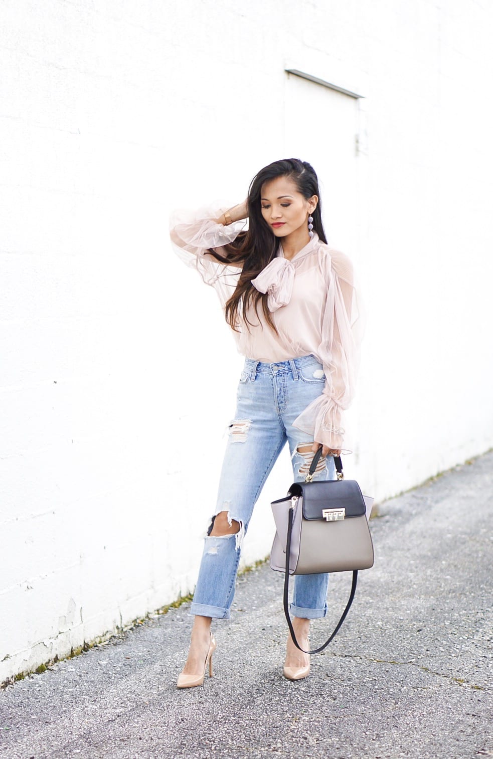 mesh bow top, ripped jeans, Zac Zac Posen bag, distressed jeans, Manolo blanik, nude heels, nude pumps 