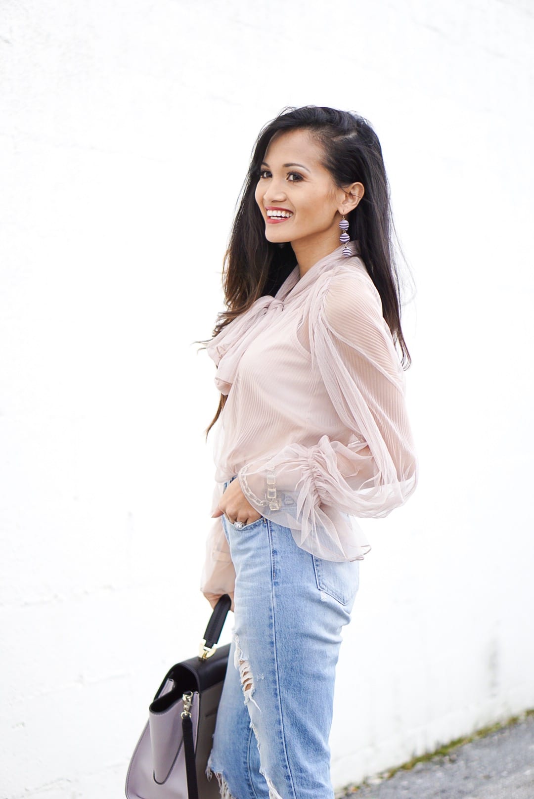 mesh bow top, ripped jeans, Zac Zac Posen bag, distressed jeans, Manolo blanik, nude heels, nude pumps 