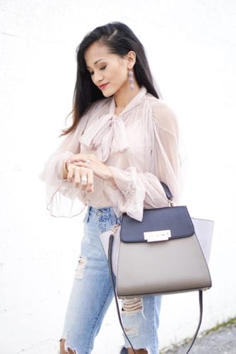 mesh bow top, ripped jeans, Zac Zac Posen bag, distressed jeans, Manolo blanik, nude heels, nude pumps