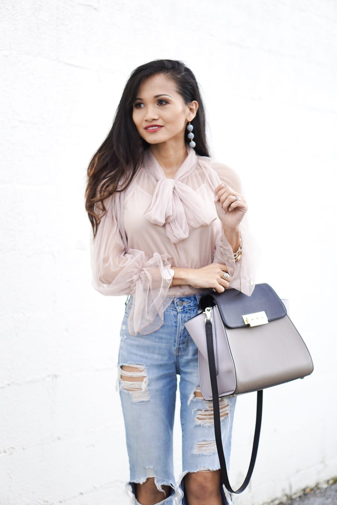 mesh bow top, ripped jeans, Zac Zac Posen bag, distressed jeans, Manolo blanik, nude heels, nude pumps 