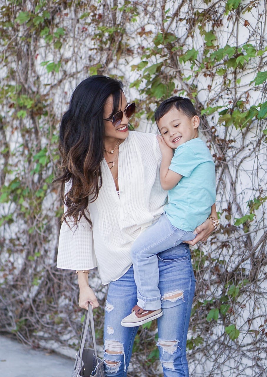 mom life, Soludos wedges, distressed skinny jeans, cece pintuck blouse, mommy and me, boy mom, tory burch gemini tote