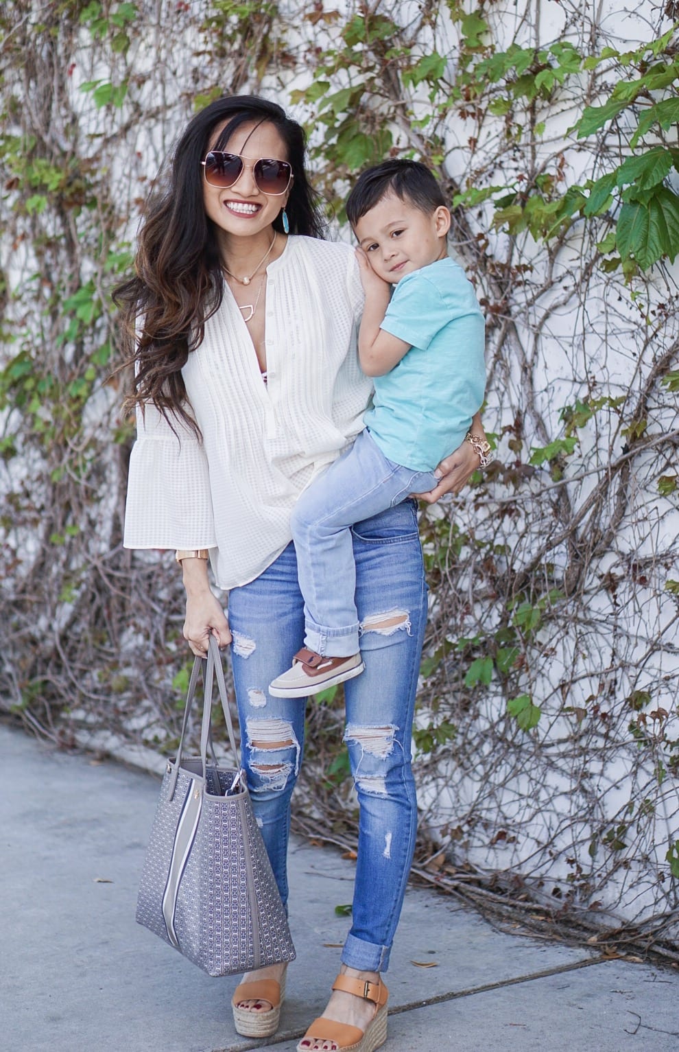 mom life, Soludos wedges, distressed skinny jeans, cece pintuck blouse, mommy and me, boy mom, tory burch gemini tote