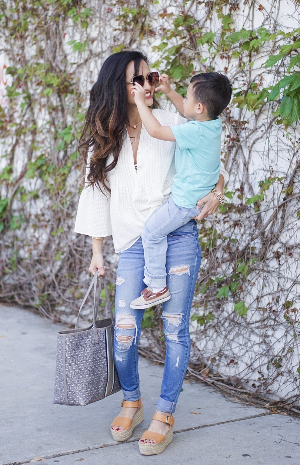 mom life, Soludos wedges, distressed skinny jeans, cece pintuck blouse, mommy and me, boy mom, tory burch gemini tote