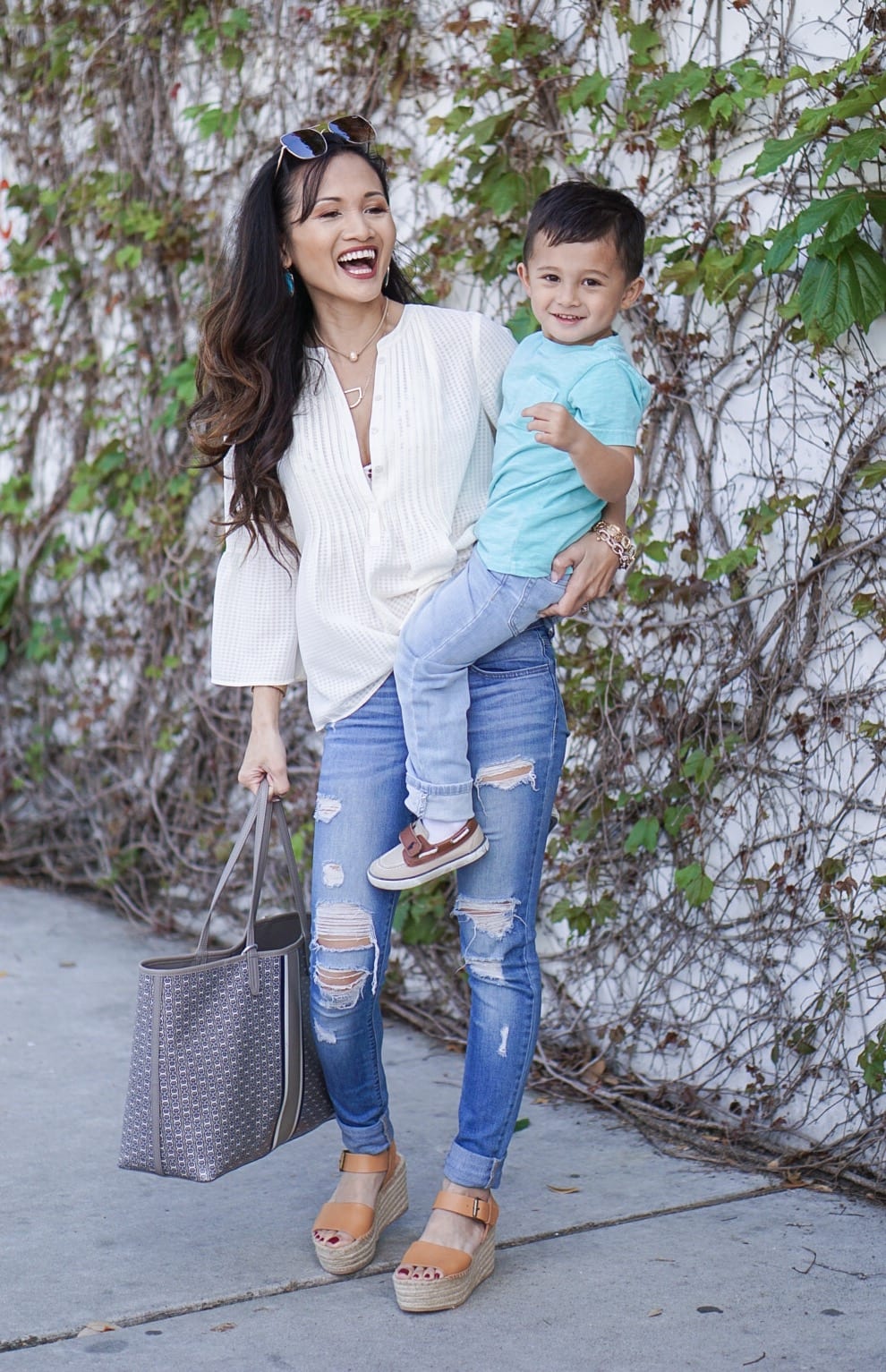 mom life, Soludos wedges, distressed skinny jeans, cece pintuck blouse, mommy and me, boy mom, tory burch gemini tote