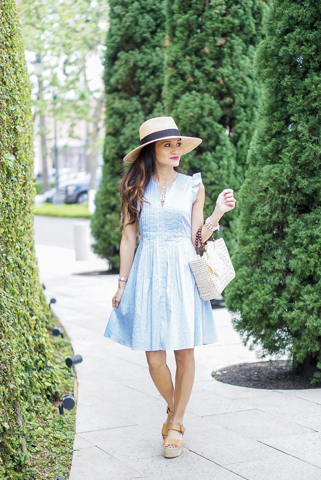 easter dress, baby blue dress, spring dress, ruffle sleeve, pintuck dress, straw hat, straw bag, soludos wedges, espadrille wedges, spring style, spring fashion, Easter