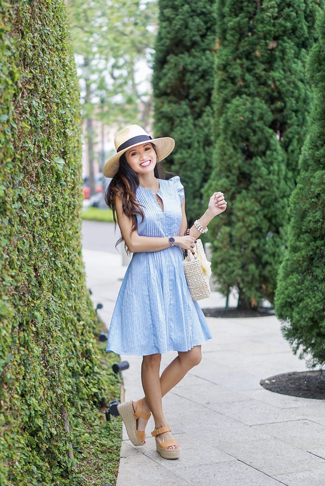 easter dress, baby blue dress, spring dress, ruffle sleeve, pintuck dress, straw hat, straw bag, soludos wedges, espadrille wedges, spring style, spring fashion, Easter
