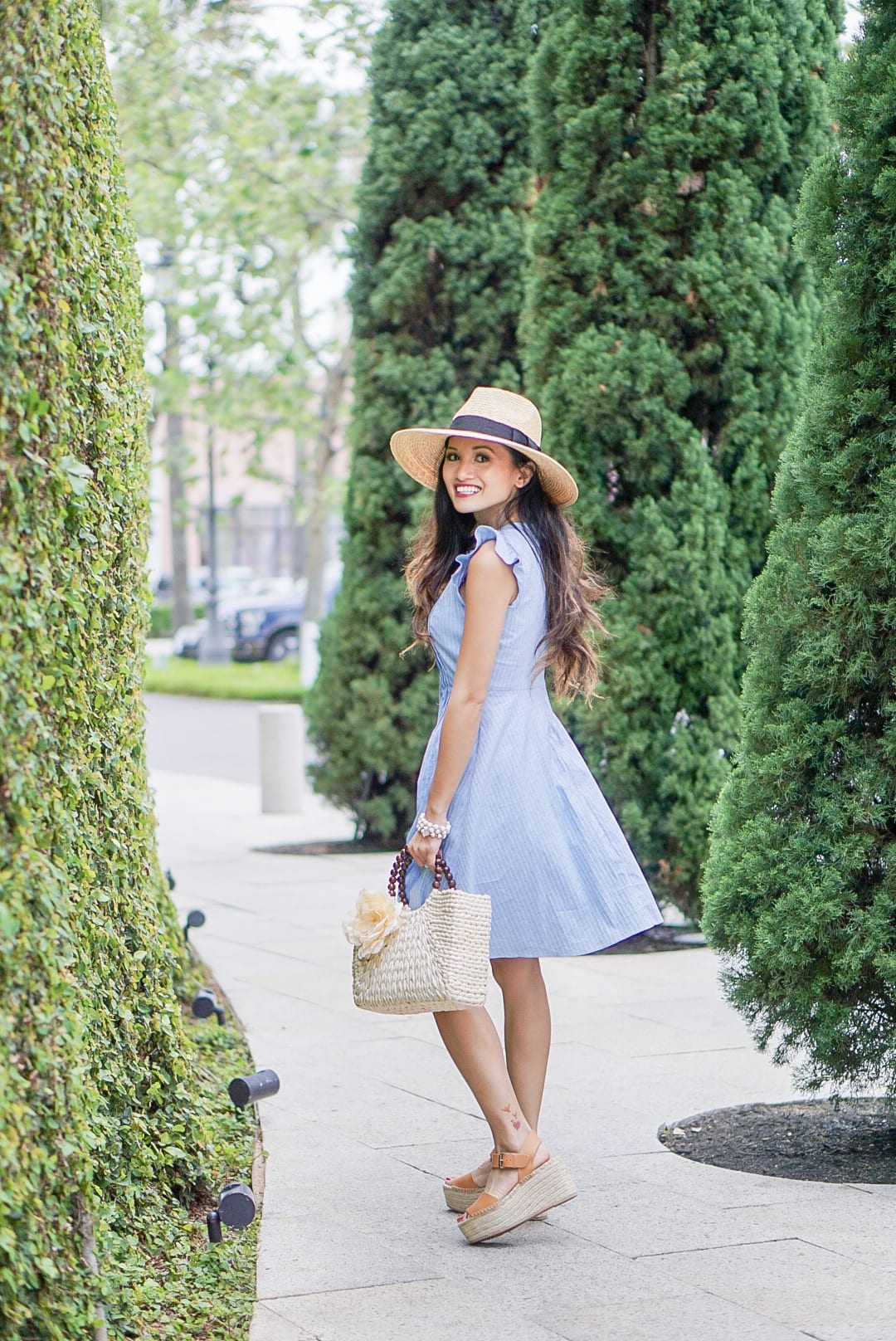 easter dress, baby blue dress, spring dress, ruffle sleeve, pintuck dress, straw hat, straw bag, soludos wedges, espadrille wedges, spring style, spring fashion, Easter